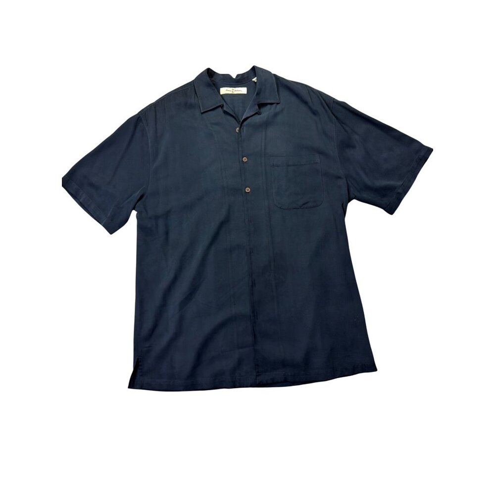Tommy Bahama Mens Silk Navy Button-Up Short Sleeve Shirt LT